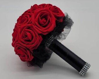 Red And Black Bridal Bouquet, Wedding Bridesmaid Bouquet, Mini/Toss Bouquet, Matching Boutonnieres And Corsages, Custom Colors Available