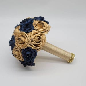 Gold and Navy Wedding Bouquet Made With Real Touch Roses, Bridal Bouquet, Bridesmaid Bouquet and Matching Boutonniere and Corsages Available
