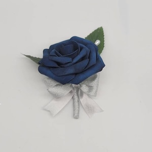 Navy Blue and Silver Boutonnieres and Corsages, Corsages Available in Pin on and Wrist, Matching Bouquets Available