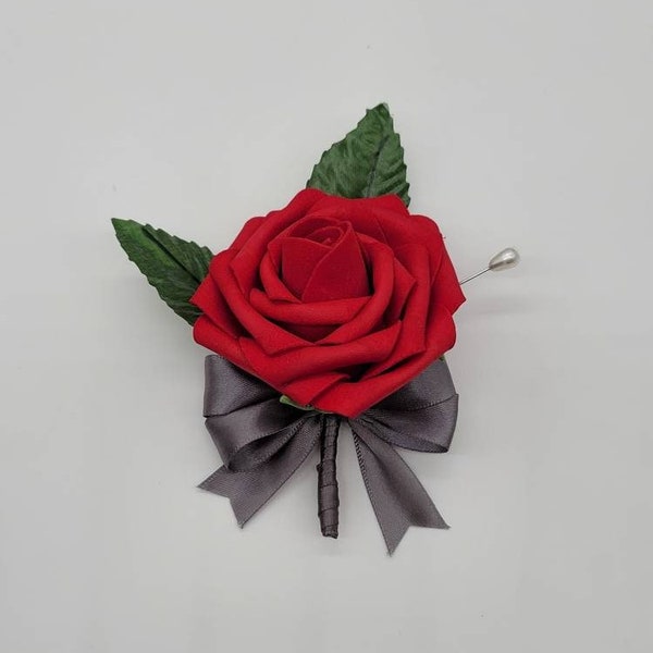 Red And Gray Boutonnieres And Corsages,27 Colors Available, Corsages Available In Pin On And Wrist,Matching Bouquets Available