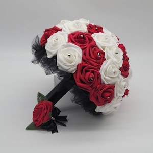 Gothic Skull Red And white Wedding Bouquet, Bridal Bouquet, Bridesmaid Bouquet, Matching Corsages and Boutonnieres, Halloween Wedding