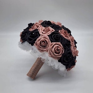 Dusty Rose and Black Bridal Bouquet, Bridesmaid Bouquet,Toss Bouquet, Matching Boutonnieres and Corsages, Custom Colors Available