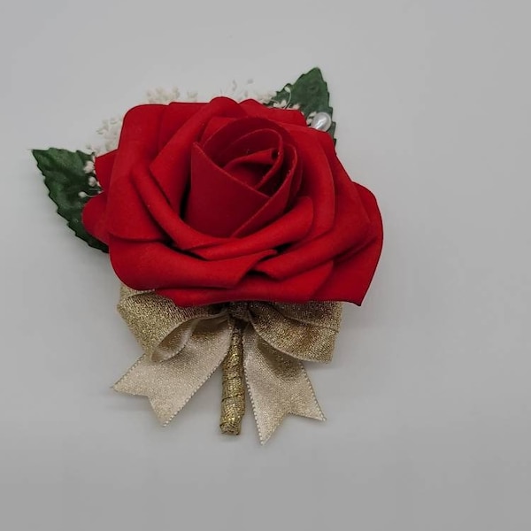 Boutonnières et corsages rouges et dorés avec ou sans corsage à souffle, épingle ou poignet, idéal pour les mariages, le bal des finissants et les retrouvailles