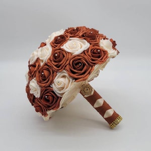 Burnt Orange and Cream Wedding Bouquet Made With Real Touch Roses, Bridal Bouquet, Bridesmaid Bouquet and Matching Boutonniere and Corsages