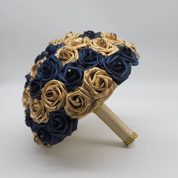 Navy And Gold Bridal Bouquet, Bridesmaid Bouquet, Toss Bouquet, Matching Boutonnieres and Corsages, Custom Colors Available