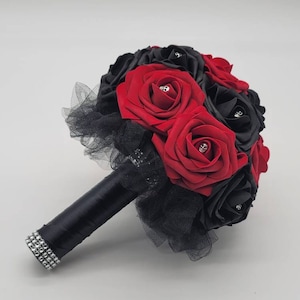 Gothic Skull Red And Black Wedding Bouquet, Bridal Bouquet, Bridesmaid Bouquet, Matching Corsages and Boutonnieres, Halloween Wedding