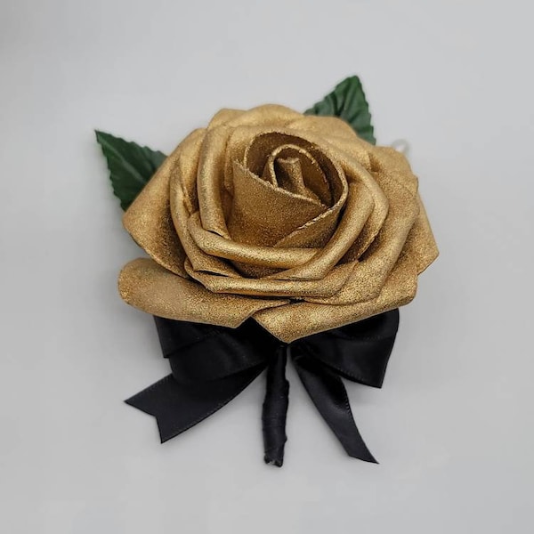 Gold And Black Boutonnieres And Corsages with or without Babies Breath, Corsages Available In Pin On And Wrist, Custom Colors Available