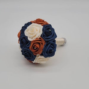 Cream,Navy Blue, and Burnt Orange Bridal Bouquet,Bridesmaid Bouquet,Toss bouquet,Matching Corsages and Boutonnieres, Custom Colors Available