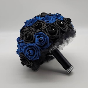 Royal Blue And Black Skull Bouquet,Blue Bouquet, Gothic Bouquet, Bridesmaid Bouquet, Toss Bouquet, Corsages, Boutonnieres, Halloween Bouquet