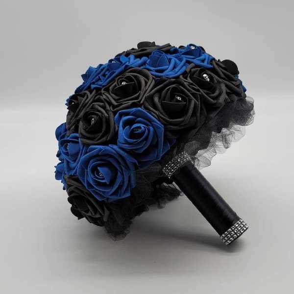 Royal Blue And Black Skull Bouquet,Blue Bouquet, Gothic Bouquet, Bridesmaid Bouquet, Toss Bouquet, Corsages, Boutonnieres, Halloween Bouquet