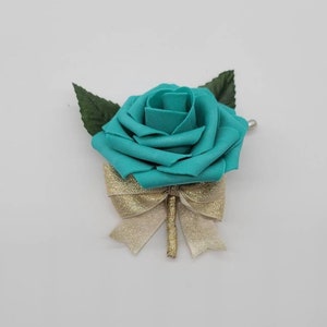 Teal And Gold Boutonnieres And Corsages, Available In 27 Colors, Corsages Available In Pin On And Wrist, Matching Bouquets Available