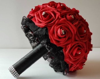 Red Skull Bouquet,Red And Black Bouquet,Gothic Bouquet, Bridesmaid Bouquet,Toss, Matching Boutonnieres And Corsages,Custom Colors Available