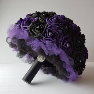 Gothic Skull Dark purple and black Wedding Bouquet, Bridal Bouquet,  Bridesmaid Bouquet,Matching Corsages and Boutonnieres,Halloween Wedding