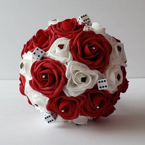 Las Vegas Themed Bridal Bouquet,Red And White Bouquet, Bridesmaid Bouquet,Toss Bouquet,Boutonnieres and Corsages, Available In 27 Colors