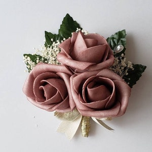 Dusty rose And Gold Boutonnieres And Corsages with or without babies breath, Corsages Available In Pin On And Wrist, Custom colors available