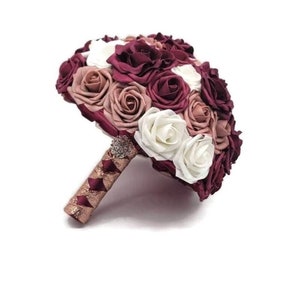 Burgundy, Dusty Rose, & White Wedding Bouquet Made w/Real Touch Roses, Bridal Bouquet, Bridesmaid Bouquet/ Matching Boutonniere and Corsages