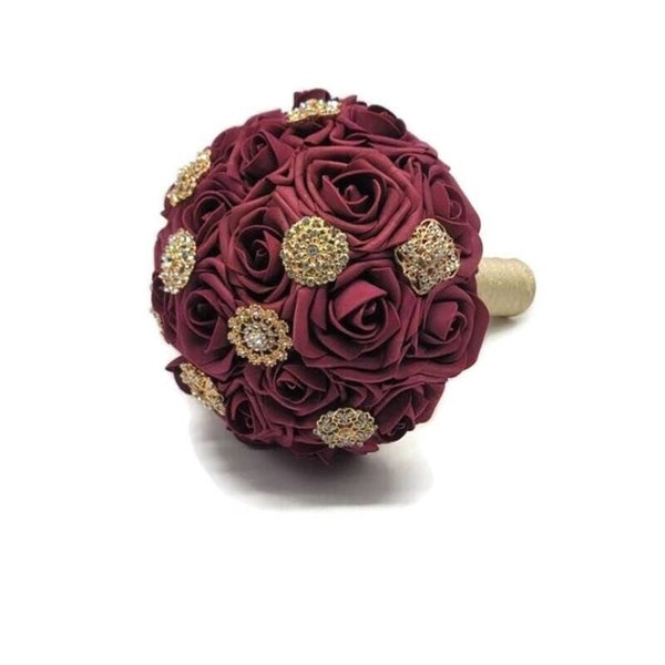 Burgundy and Gold brooch bouquet, Bridesmaid Bouquet, or Toss, Available in 27 colors,Matching Boutonnieres And Corsages available