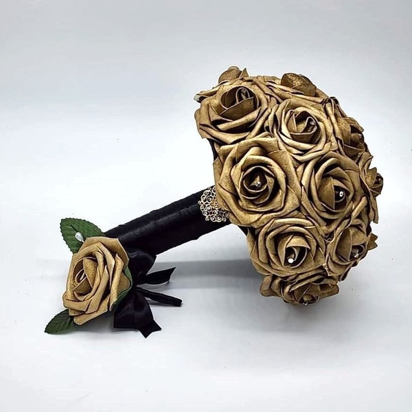 Gold and Black wedding Bouquet, Elegant Gold Bouquet, Bridesmaids Bouquet,Toss Bouquet,Matching Boutonnieres & Corsages, Custom Colors