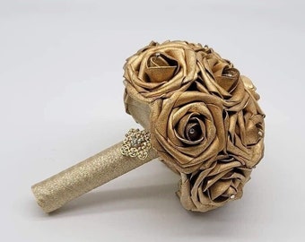 Gold Bridal Bouquet, Elegant Gold Bouquet, Bridesmaids Bouquet,Toss Bouquet,Matching Boutonnieres & Corsages, Custom Colors Available