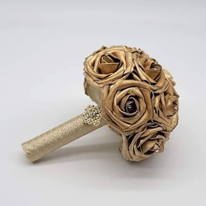 Gold Wedding Bouquet Made With Real Touch Roses, Bridal Bouquet, Bridesmaid Bouquet and Matching Boutonnieres and Corsages Available