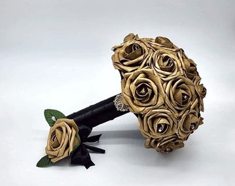 Gold and Black wedding Bouquet, Elegant Gold Bouquet, Bridesmaids Bouquet,Toss Bouquet,Matching Boutonnieres & Corsages, Custom Colors