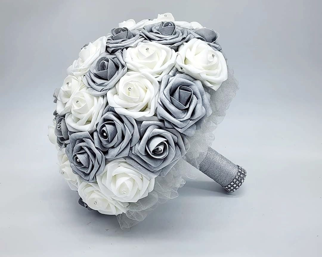 White and Silver Wedding Bouquet Made With Real Touch Roses 