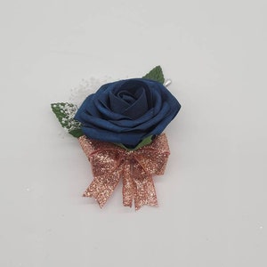 Navy And Rose Gold Boutonnieres And Corsages, Available In 27 Colors, Corsages Available In Pin On And Wrist, Matching Bouquets Available