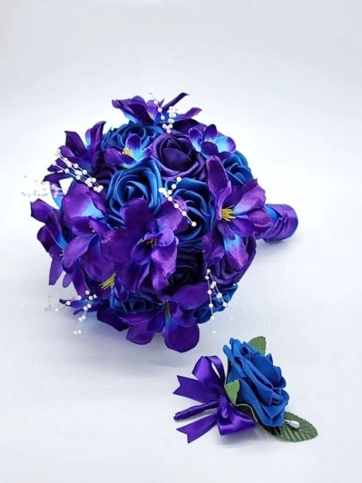 Purple Silver Bouquet Set Headpiece for Bride or Quinceanera With  Butterflies and Crystals 