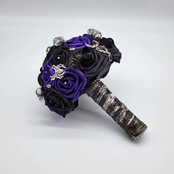 Dark purple and Black Spiderweb and Skull Bridal Bouquet,Available in 27 Colors,Halloween,Gothic, Boutonnieres and Corsages Available