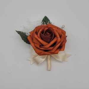 Burnt Orange and Ivory Boutonnieres and Corsages, Corsages Available in Pin on And Wrist, Matching Bouquets Available
