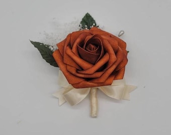 Burnt Orange and Ivory Boutonnieres and Corsages, Corsages Available in Pin on And Wrist, Matching Bouquets Available