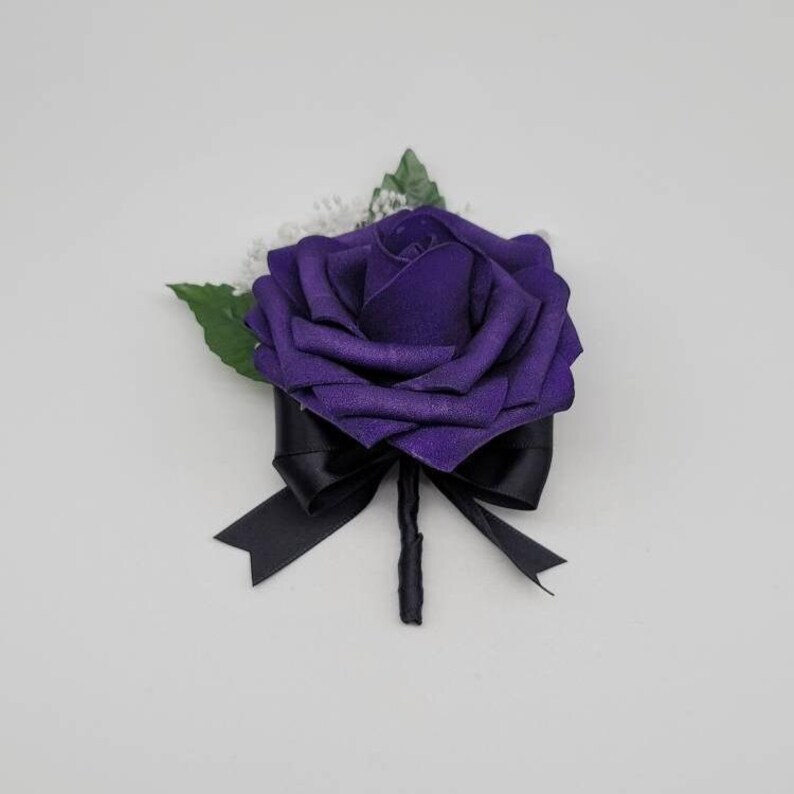 Grooms flower made from Real Touch rose, Dark purple rose with black ribbon
