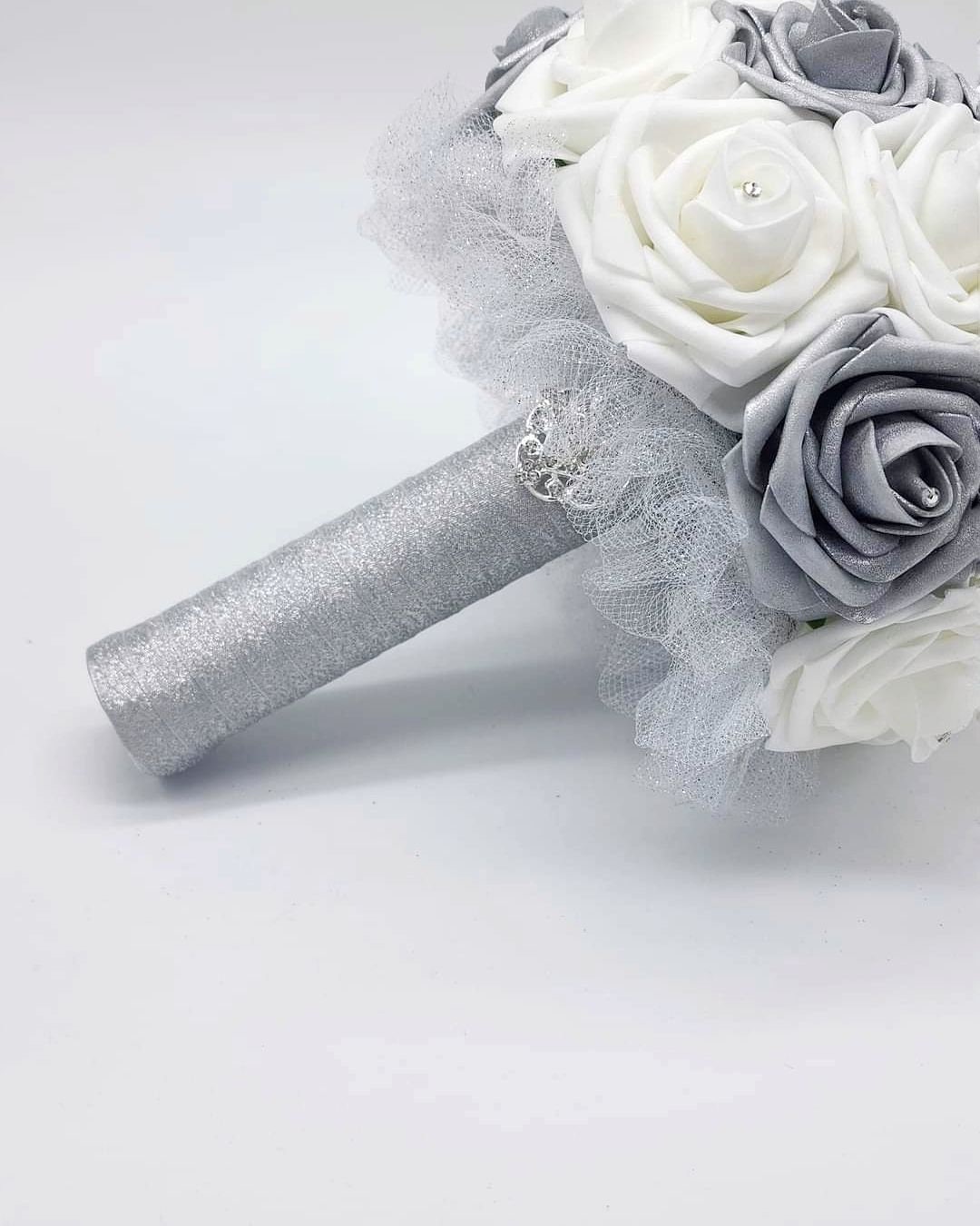 White and Silver Wedding Bouquet Made With Real Touch Roses