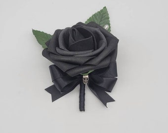 Gothic Black Skull Boutonnieres and Corsages, Pin on or Wrist Corsages, Matching Bouquets Available-Halloween Wedding