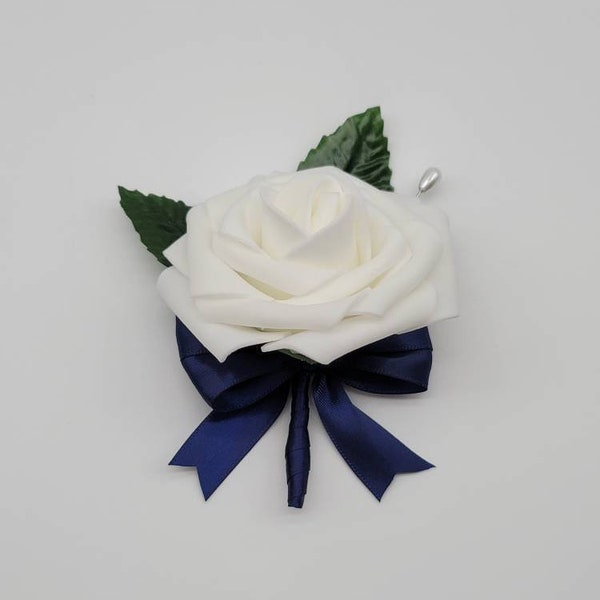 White and navy Boutonnieres And Corsages, Available In 27 Colors, Corsages Available In Pin On And Wrist, Matching Bouquets Available