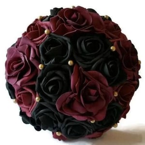 Burgundy and Black Wedding Bouquet Made With Real Touch Roses, Bridal Bouquet, Bridesmaid Bouquet and Matching Boutonnieres and Corsages