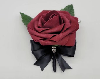 Gothic Burgundy And Black Skull Boutonnieres and Corsages, Gothic Wedding, Halloween, Matching Bouquets Available