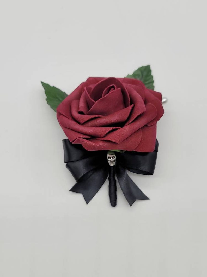 Burgundy And Black Skull Boutonniere,Burgundy Skull Corsage, Gothic Wedding, Halloween, Matching Bouquets Available, 27 Colors Available 