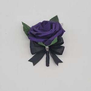 Gothic Skull Dark Purple and Black Boutonnieres and Corsages, Corsages Available in Pin on and Wrist, Matching Bouquets Available-Halloween