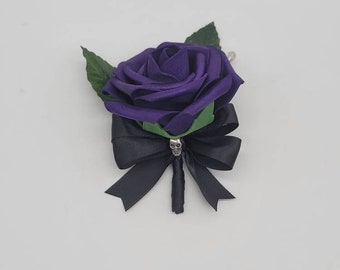 Gothic Skull Dark Purple and Black Boutonnieres and Corsages, Corsages Available in Pin on and Wrist, Matching Bouquets Available-Halloween