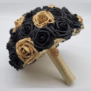 Black and Gold Wedding Bouquet Made With Real Touch Roses, Bridal Bouquet, Bridesmaid Bouquet and Matching Boutonnieres and Corsages