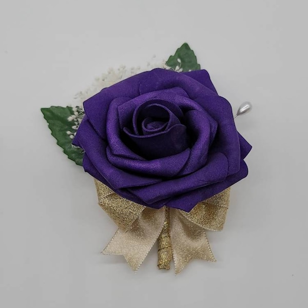 Dark Purple And Gold Boutonnieres And Corsages, 27 Colors Available, Corsages Available In Pin On And Wrist,Matching Bouquets Available