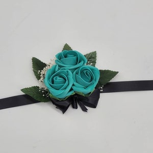 Teal And black Boutonnieres And Corsages, Available In 27 Colors, Corsages Available In Pin On And Wrist, Matching Bouquets Available