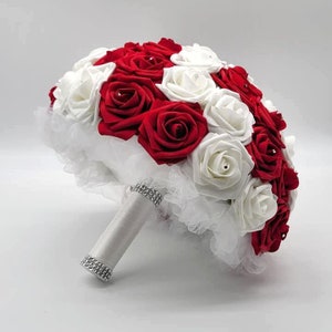 Red And White Wedding Bouquet Made With Real Touch Roses, Bridal Bouquet, Bridesmaid Bouquet and Matching Boutonniere and Corsages Available