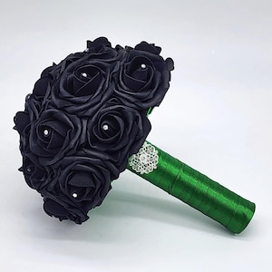 Black and Emerald Green Wedding Bouquet Made w/Real Touch Roses, Bridal Bouquet, Bridesmaid Bouquet and Matching Boutonnieres and Corsages