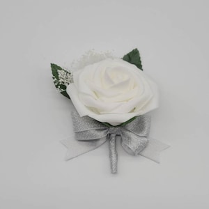 White And silver Boutonnieres And Corsages, Available In 27 Colors, Corsages Available In Pin On And Wrist, Matching Bouquets Available