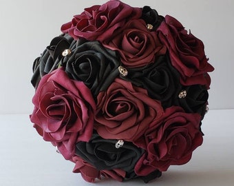 Gothic Skull Black And Burgundy Wedding Bouquet, Bridal Bouquet, Bridesmaid Bouquet, Matching Boutonnieres and Corsages, Halloween Wedding
