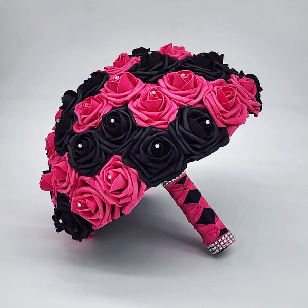 Hot Pink and Black Bridal Bouquet,  Bouquet, Bridesmaids Bouquet,Toss Bouquet,Matching Boutonnieres & Corsages, Custom Colors Available