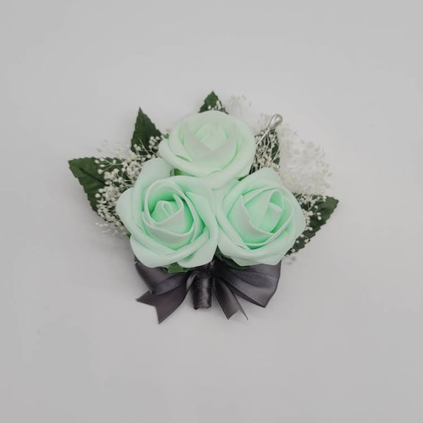 Mint and gray Boutonnieres And Corsages,Available In 27 Colors, Corsages Are Available In Pin On And Wrist, Matching Bouquets Available