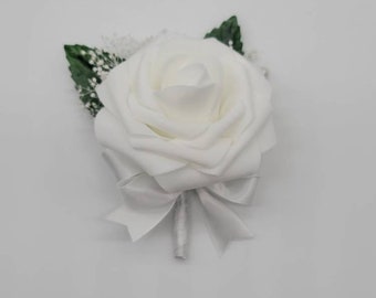 White Boutonnieres And Corsages, Available In 27 Colors, Corsages Available In Pin On And Wrist, Matching Bouquets Available